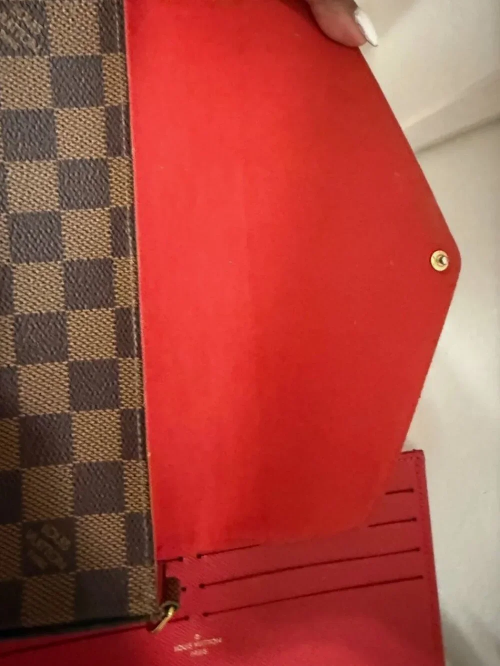 Louis Vuitton Damier Ebene Felicie with Red Wallet Insert Gold Chain Strap